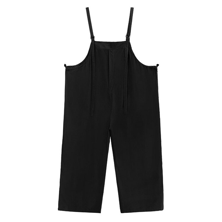 Simple Loose Solid Color Drawstring Waist Suspenders Jumpsuit           
