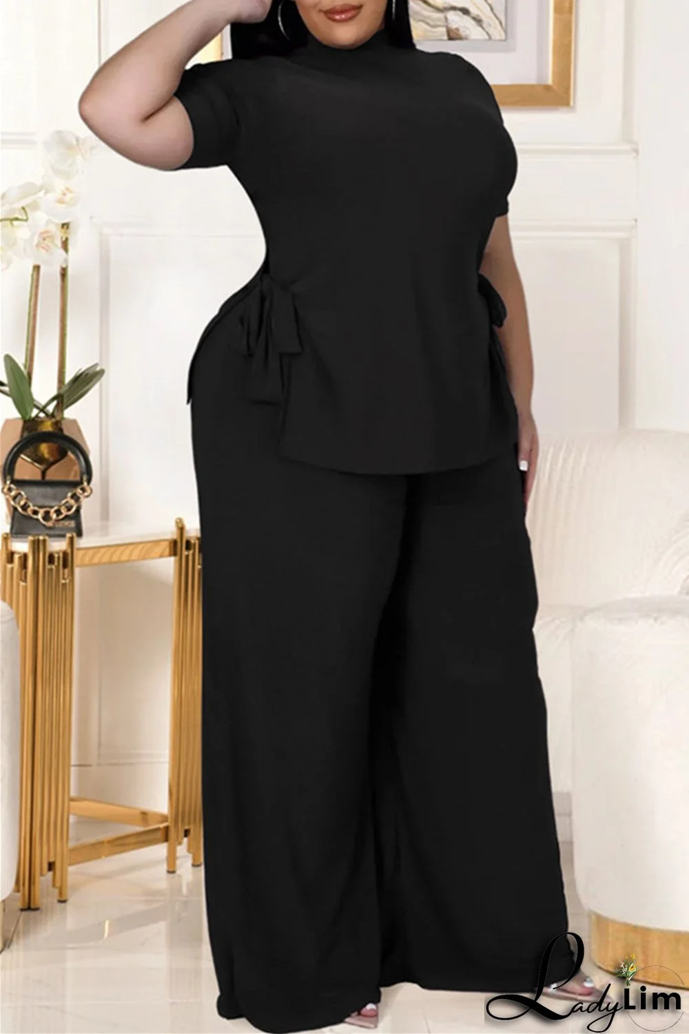 Black Fashion Casual Solid Bandage Slit Turtleneck Plus Size Two Pieces