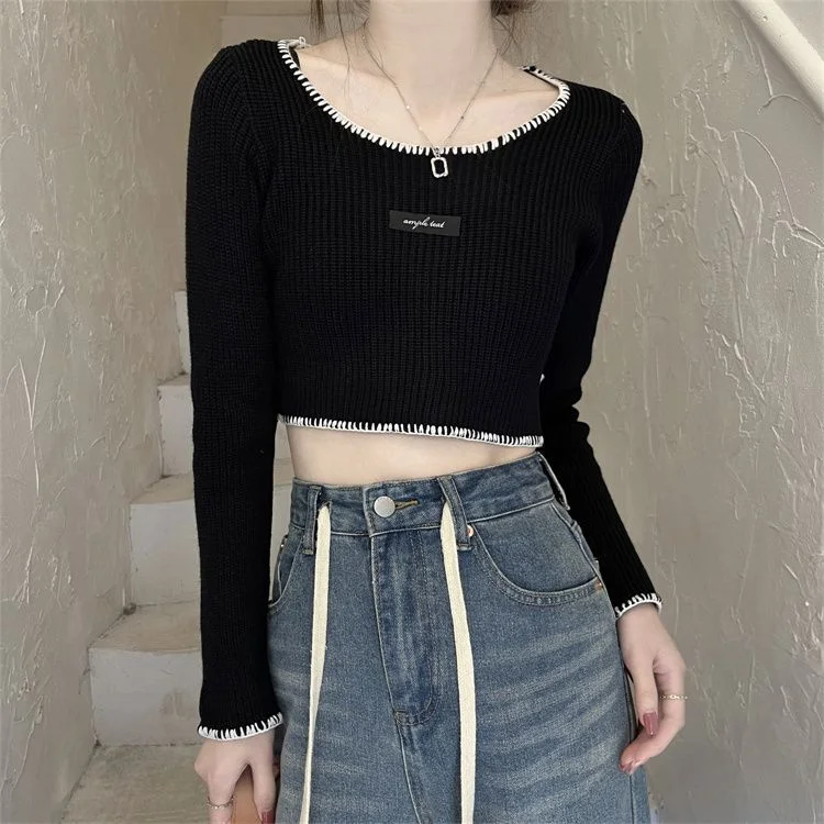 Uveng Uveng Back Bottom Top White High-Waisted Short-Sleeved Knitted Shirt Women In Spring And Autumn Strapped Ribbons To A Body-Repair Sweater