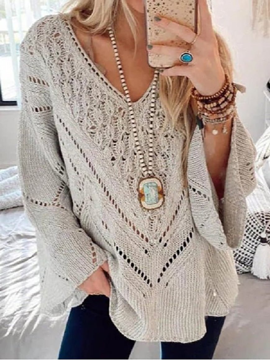 Women's  Solid V-Neck Hollow Long Sleeve Sweaters
