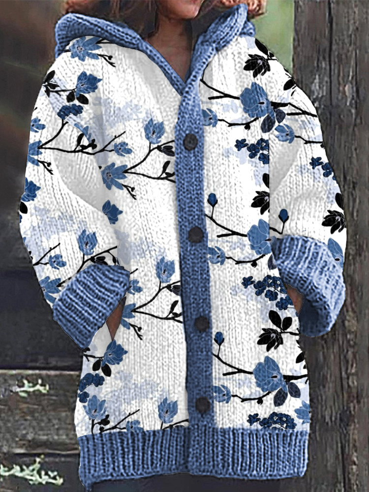 Blue Floral Pattern Cozy Knit Hooded Cardigan wearshes