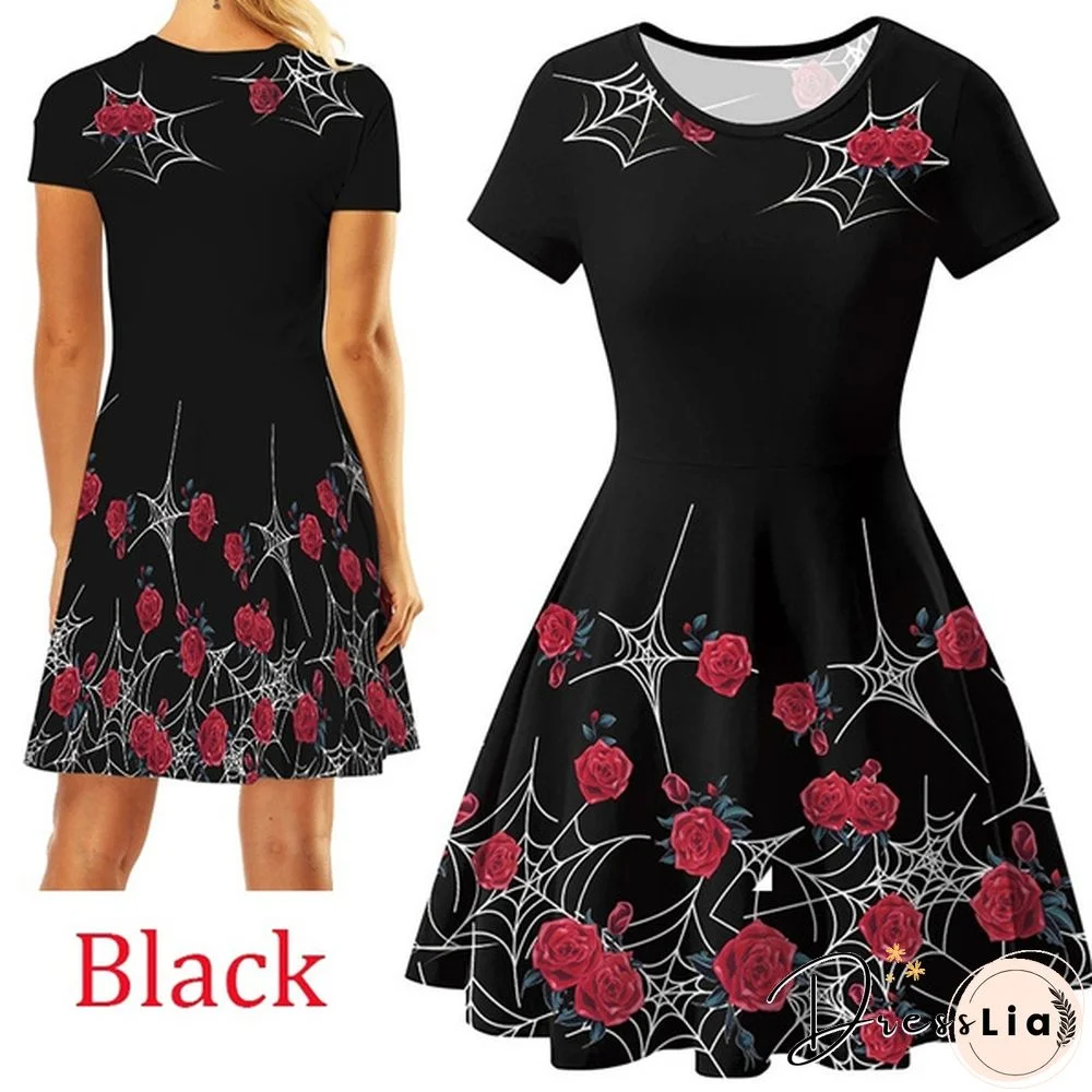 Christmas Deer Elk Snowman Print Short Sleeve Dress Xmas Santa Claus Women Dress