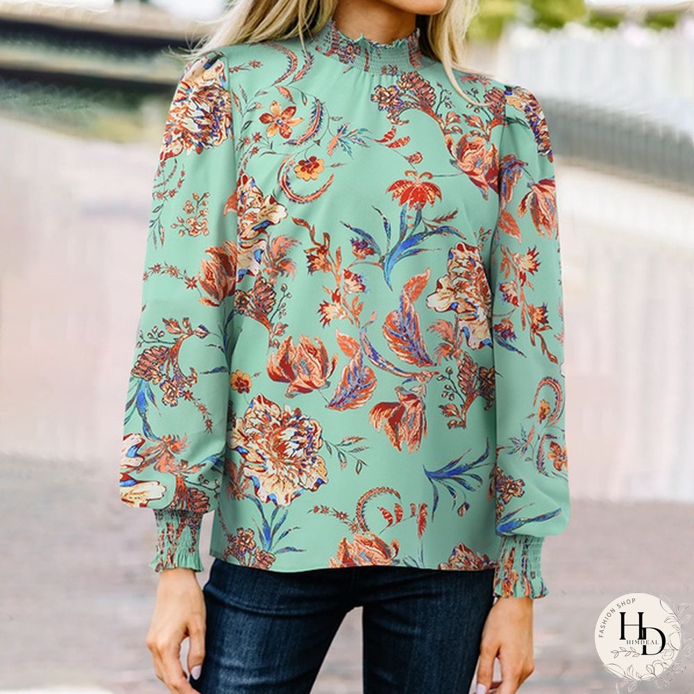 Women Spring Casual Puff Sleeve Floral Printed Top Holiday Smocking Retro Shirt Blouse