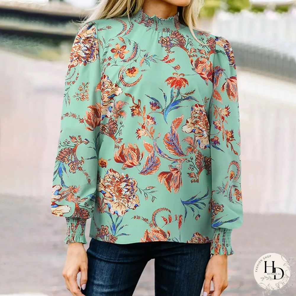Women Spring Casual Puff Sleeve Floral Printed Top Holiday Smocking Retro Shirt Blouse