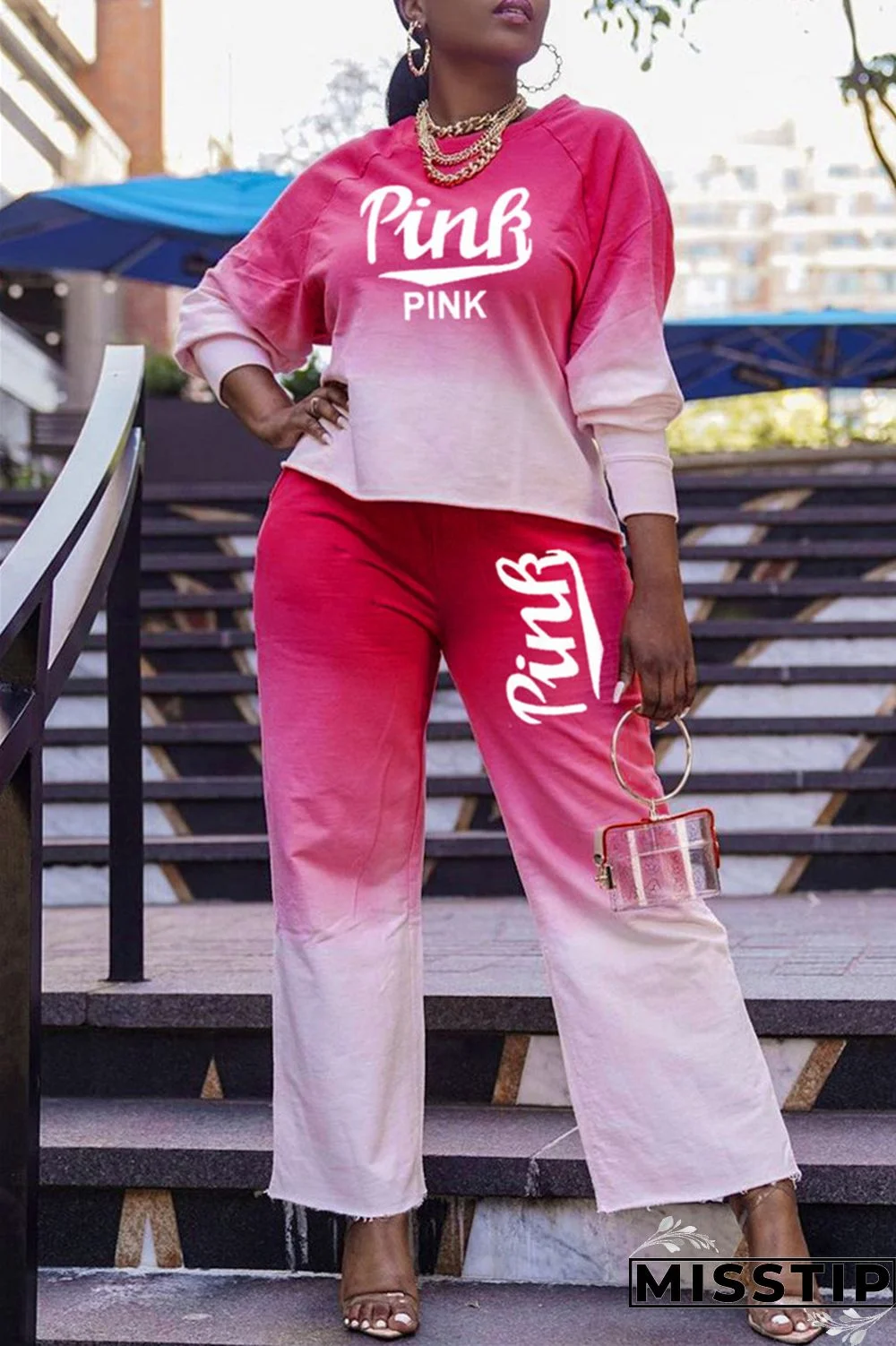 Blue Fashion Casual Gradual Change Letter Print Basic O Neck Long Sleeve Two Pieces