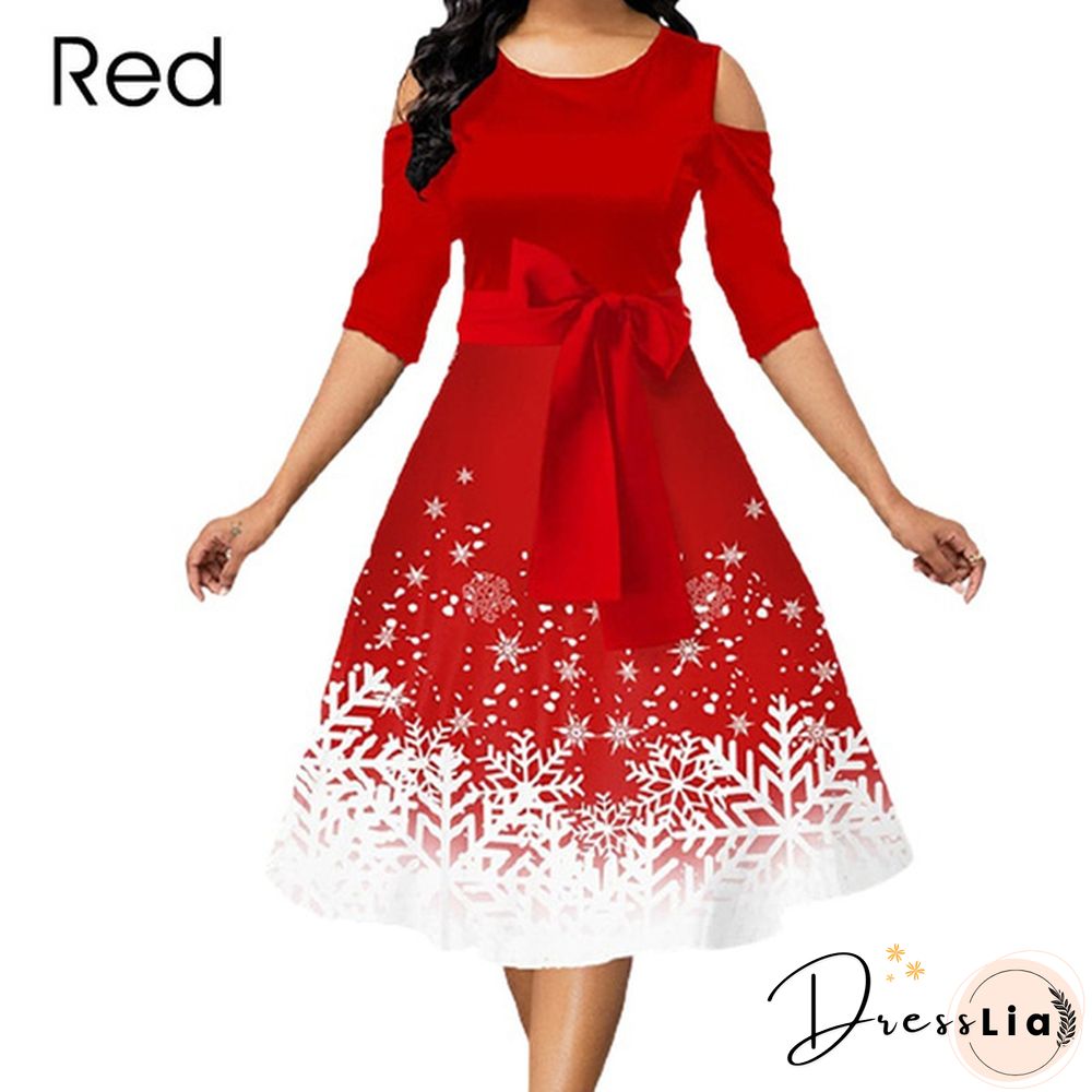 Women Fashion Belted Snowflake Print Christmas Dress Cold Shoulder Round Neck Party Dress Plus Size A-Line Dresses