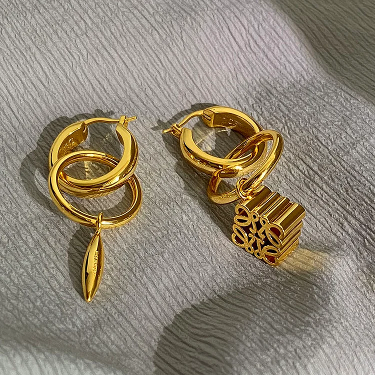 LOEWE Gold Square Cutout Asymmetrical Earrings