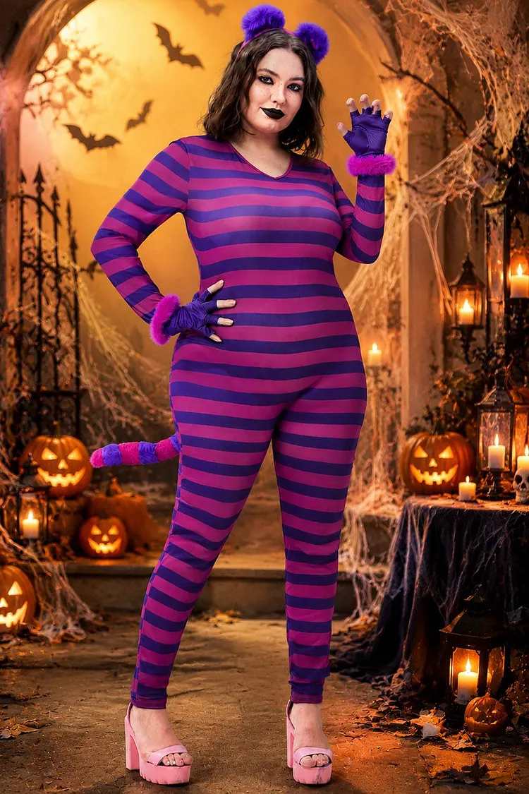 Xpluswear Design Plus Size Halloween Costume Purple Cosplay Kitten Knitted Jumpsuit (With Headwear And Gloves)（Ships 24h） 2024 - Xpluswear