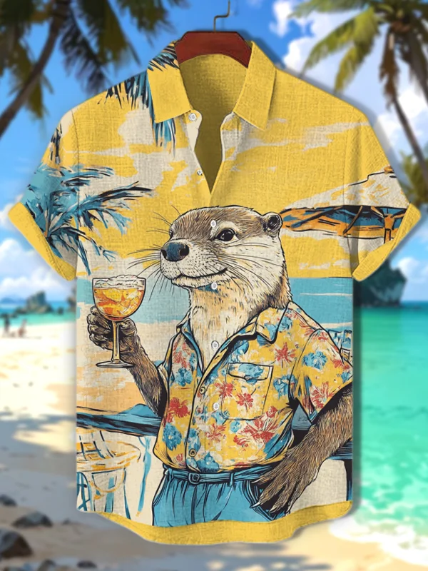 Men's Otter Drinking Cocktail On Hawaii Vacation Art Print Casual Shirt