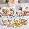8pcs Cartoon DIY Diamond Painting Wooden Coasters Art Kits with Holder (Cow)