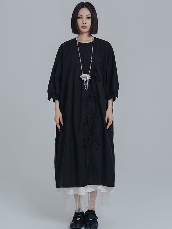 Vintage Round-Neck Loose Black Midi Dress