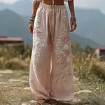 Bohemian Retro Style Plant Flower Design Women's  Linen Casual Long Pants - Image 2