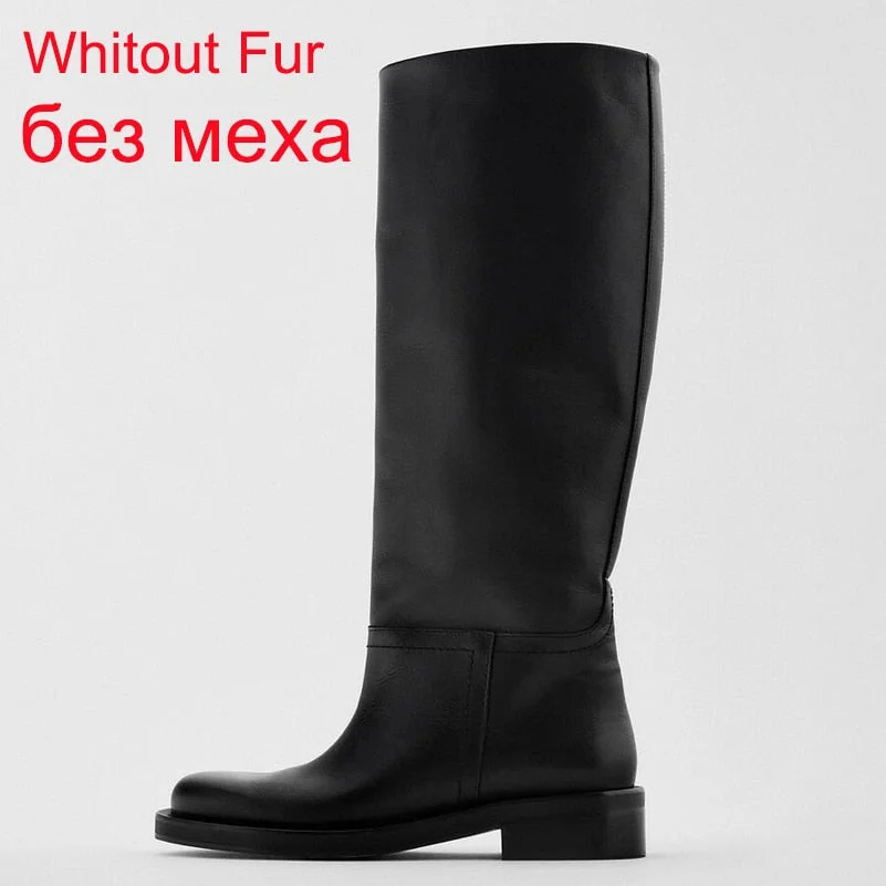 Meotina INS Women Genuine Leather Riding Boots Med Heel Round Toe Shoes Thick Heel Knee High Boots Lady Autumn Winter 42 Brown