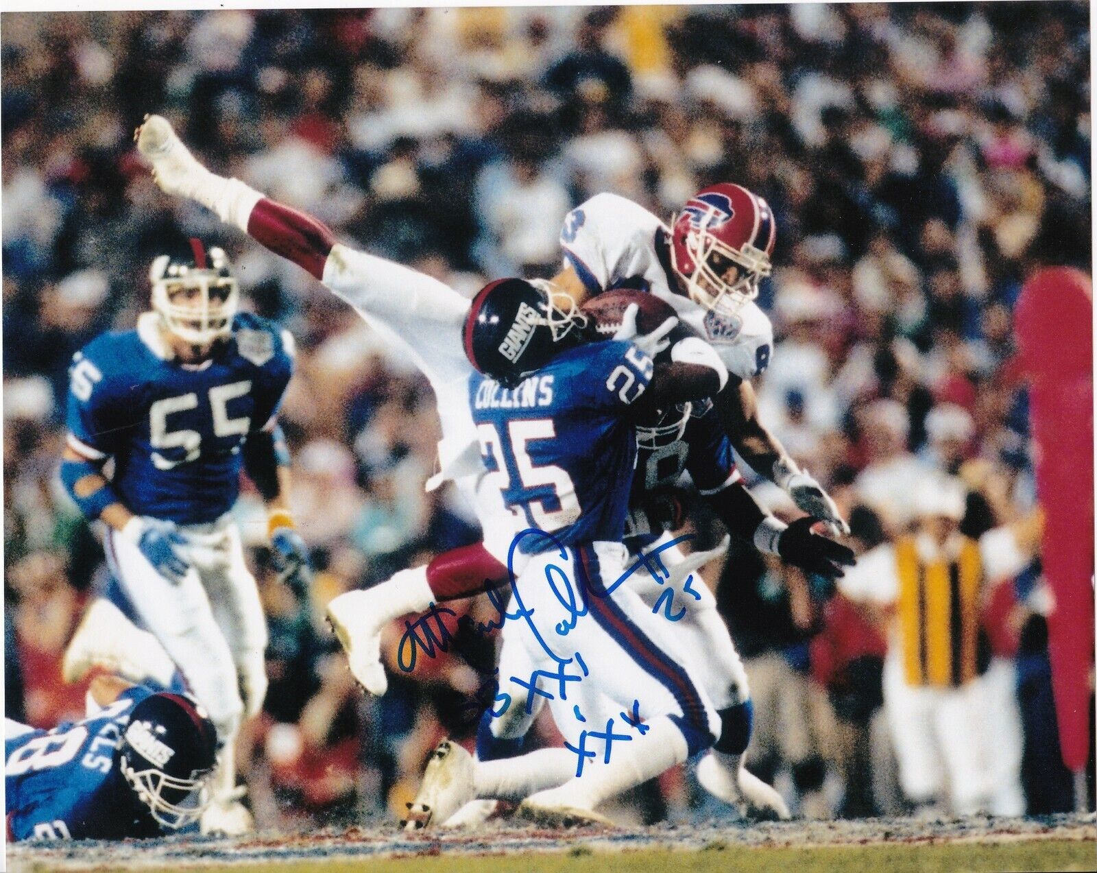 MARK COLLINS NEW YORK GIANTS XXI, XXV SB CHAMPS ACTION SIGNED 8x10