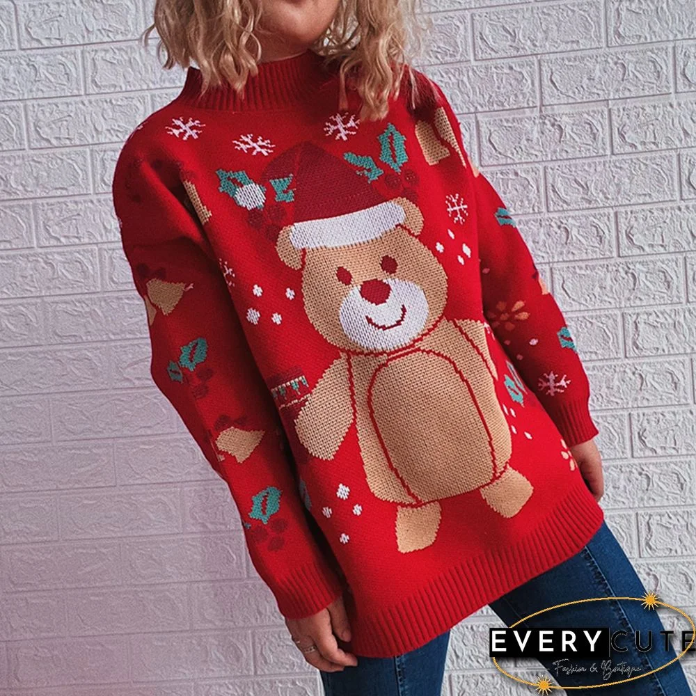 Red Christmas Bear Snowflake Pattern Pullover Sweater