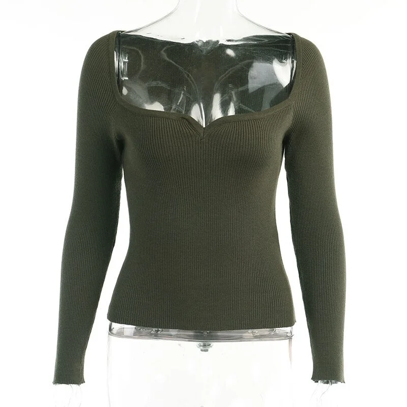 WannaThis Knitted Square Collar Tops Women Sexy Long Sleeve Women Slim Minimalist Autumn 2021 Basic Korean Black Casual T-shirts