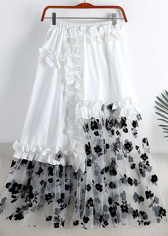 Women White Embroideried Floral Elastic Waist Asymmetrical Patchwork Tulle A Line Skirt Summer