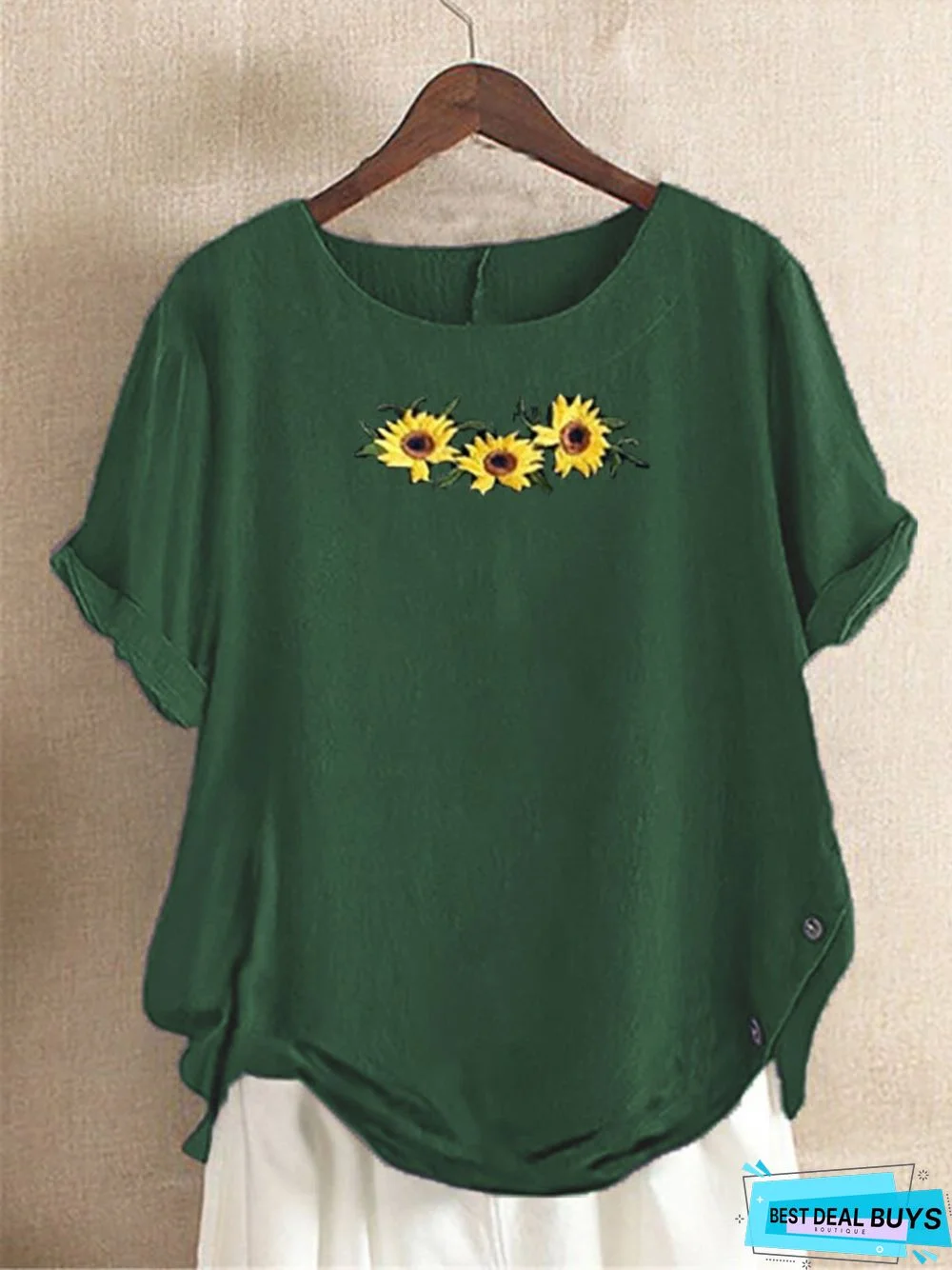 Green Casual Floral Floral-Print Cotton T-shirt