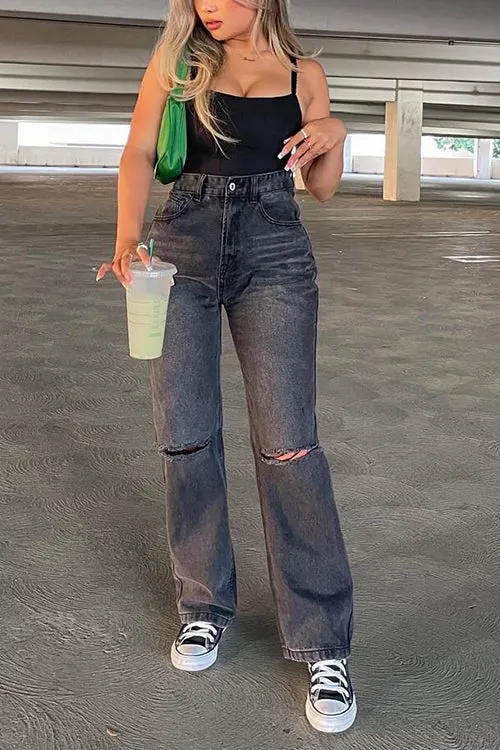 Black Borken Hole Straight Leg Jeans