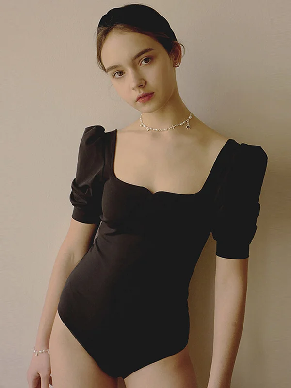 Black Puff Sleeves Back-Hollow Bowknot One-Piece Swimwear