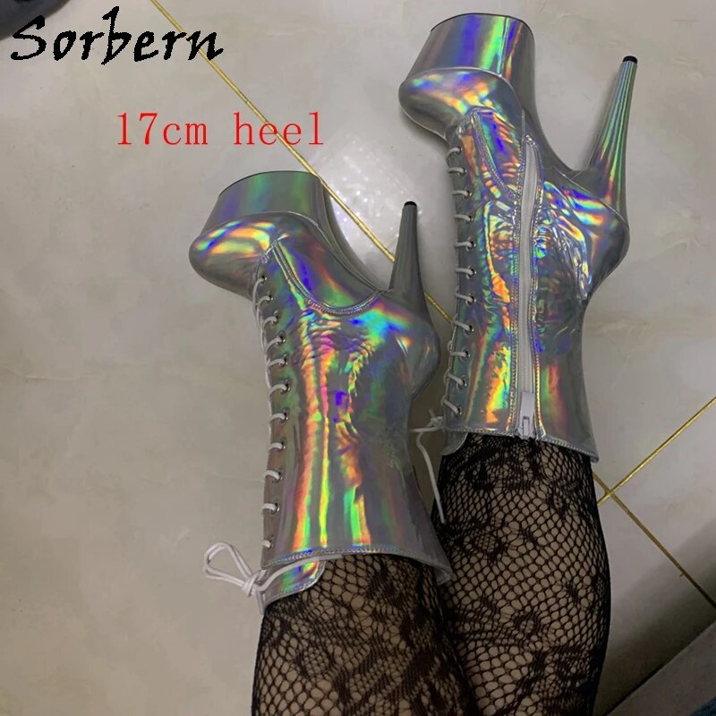 VCSHOES Holographic Ankle Boots For Women 20Cm Extreme High Heel Stripper Pole Dance Heeled Platform 15cm 17cm Custom Colors