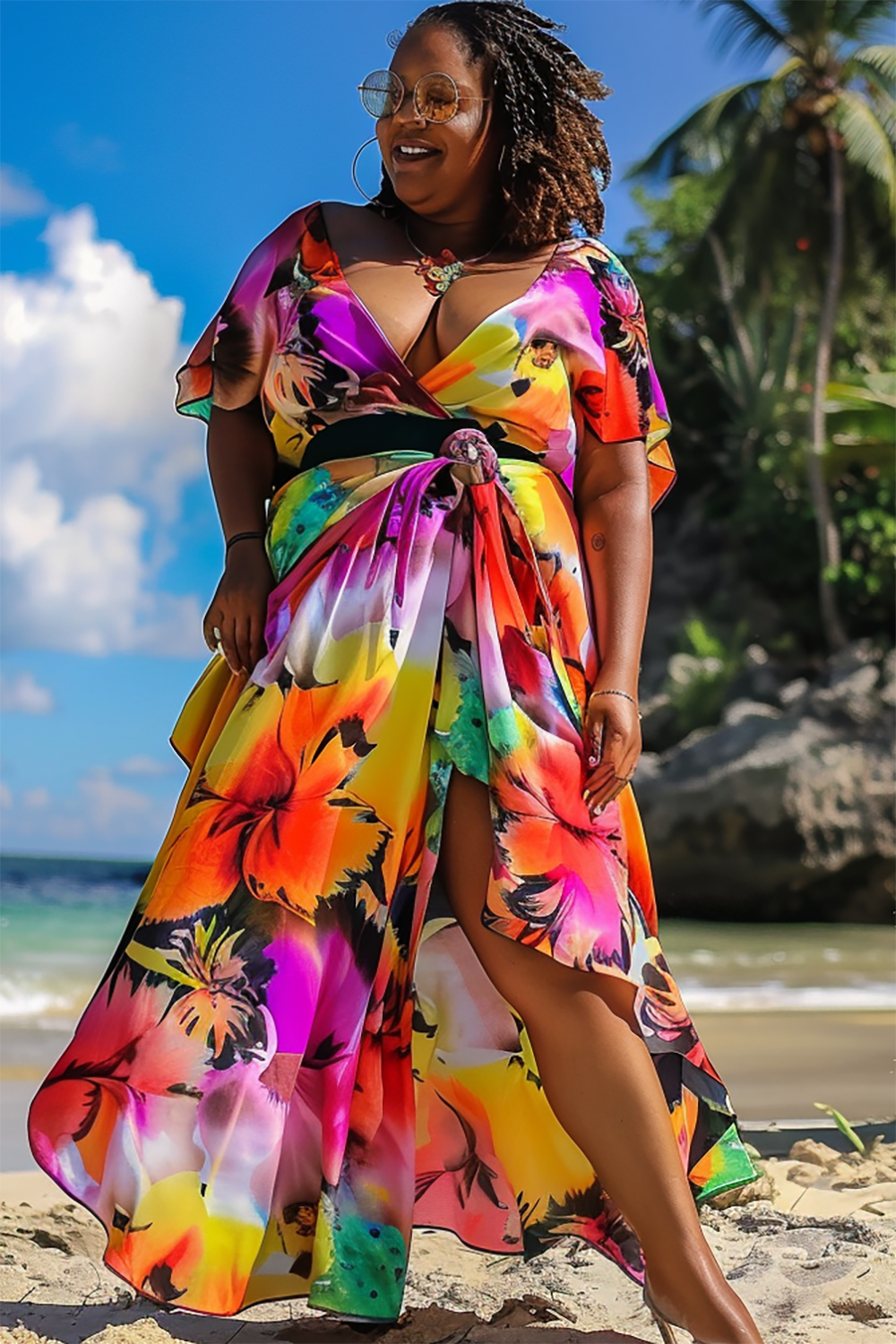 Design Plus Size Vacation Multicolor Floral Print V Neck Short Sleeve Maxi Dresses [Pre-Order]