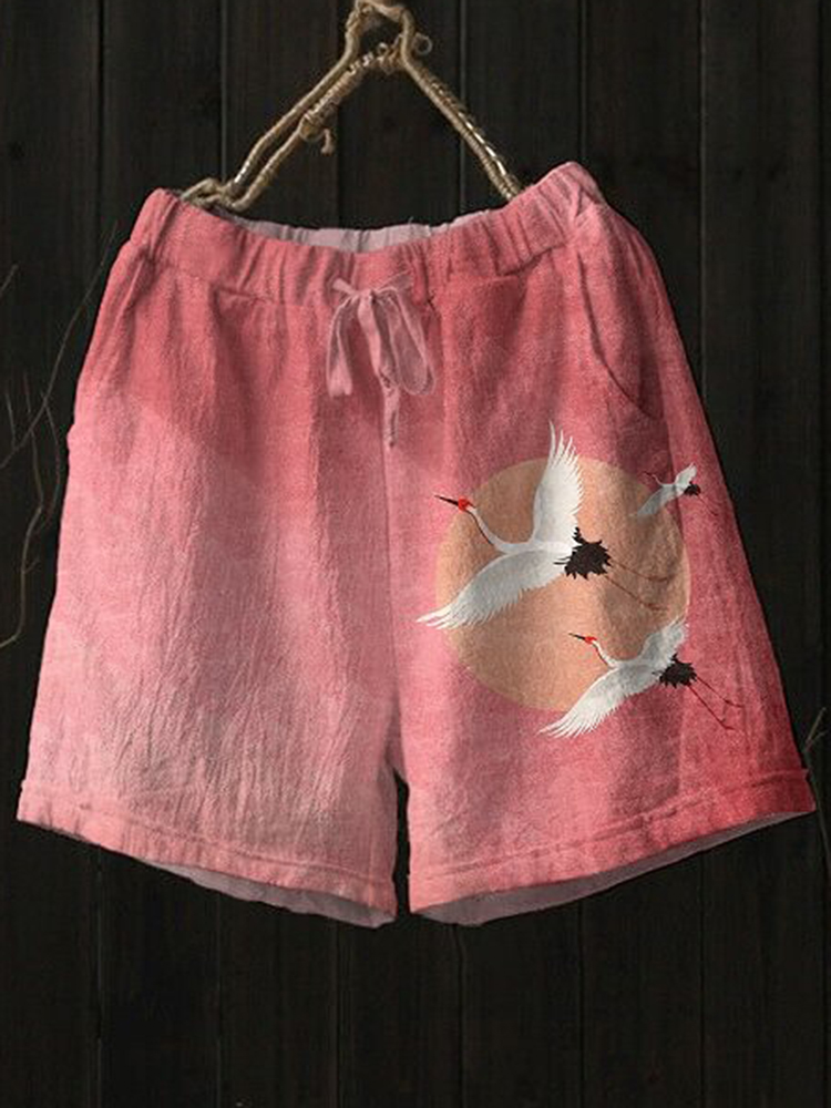 Comstylish Women's Casual Flying Crane Retro Art Print Shorts