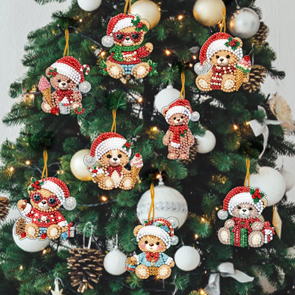 5D DIY 8Pcs Christmas Bears Diamond Painting Christmas Tree Pendant for Xmas Tree 