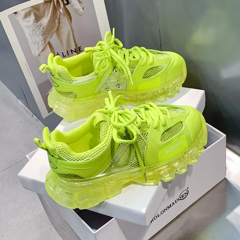 Lovely Pink Chunky Sneakers Women 2021 Thick Sole Girls Sport Shoes Bright Green Fashion Casual Dad Shoes Female Footwear