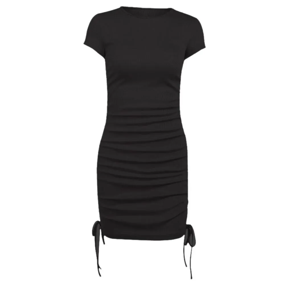 Women Summer Sexy Solid Color Drawstring Short Sleeve Bodycon Ruched Party Dress Slim Elastic Bodycon Party Dresses Vestidos