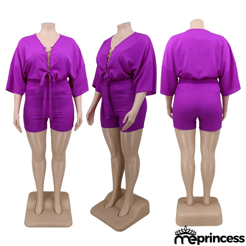 Solid Color Casual Fashion Plus Size Half Sleeve Top Shorts 2 Piece Sets