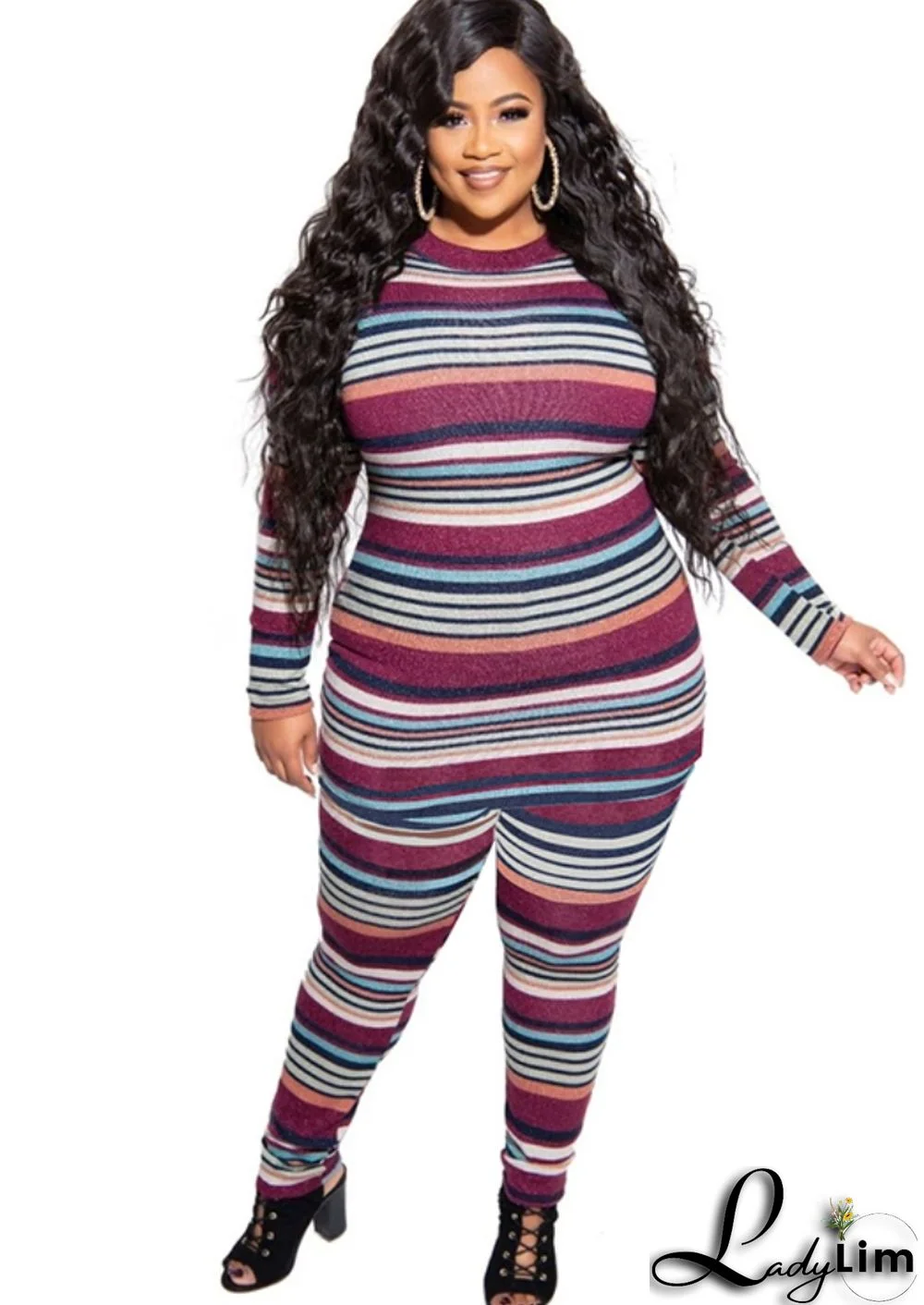 Winter Print Striped Tight Top and Pants Plus Size Two Piece Set