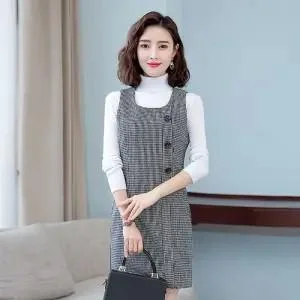 Elegant Sleeveless Woolen Blended Vest Dress High Quality Fashion Pocket New Autumn Winter Office Work Slim Plaid Midi Dresses
