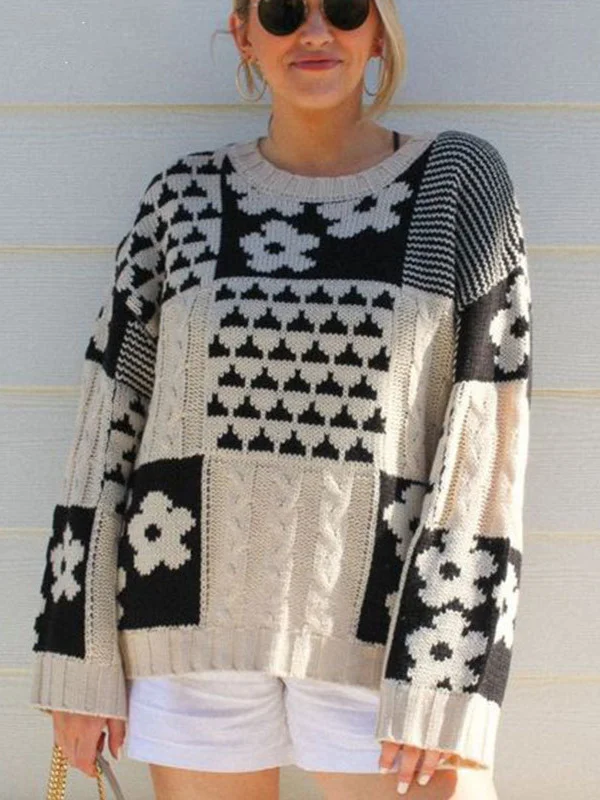 Athvotar Athvotar And Winter Sweater Women's Square Flowers Casual Loose Round Collar Knitted Shirt