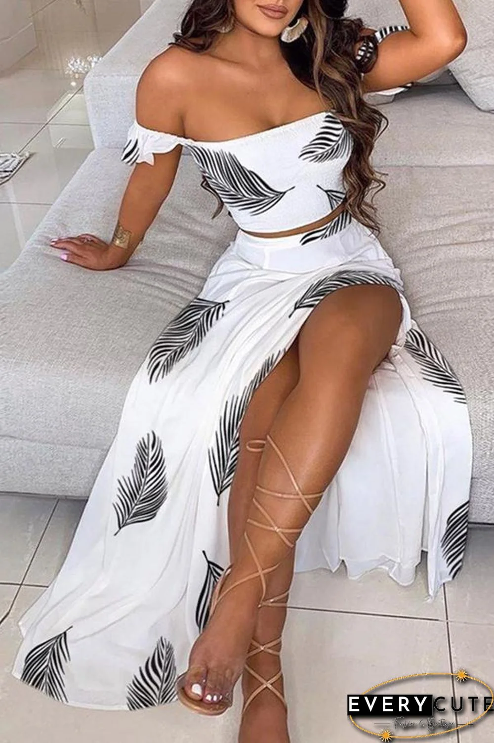 Off Shoulder Ombre Colorblock Top & High Slit Maxi Skirt Sets P13628