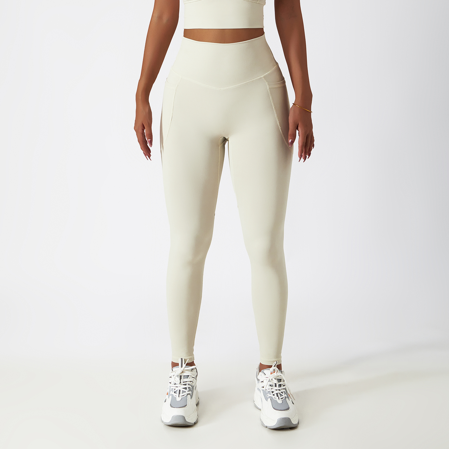 Hergymclothing Cream Apricot high rise no front seam squat proof cloud feeling breathable comfort lightweight non see through yoga pants with side pockets online shopping