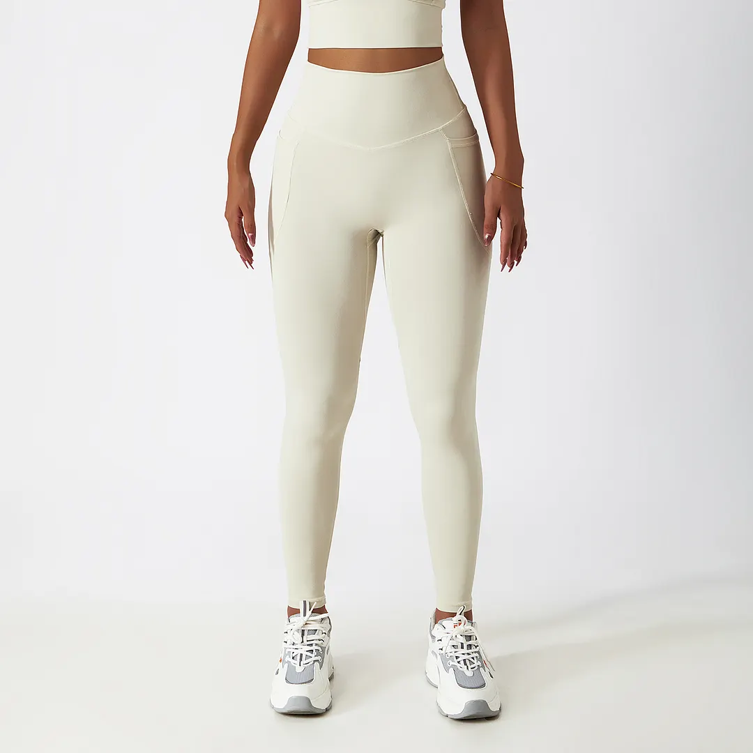 Hergymclothing Cream Apricot high rise no front seam squat proof cloud feeling breathable comfort lightweight non see through yoga pants with side pockets online shopping