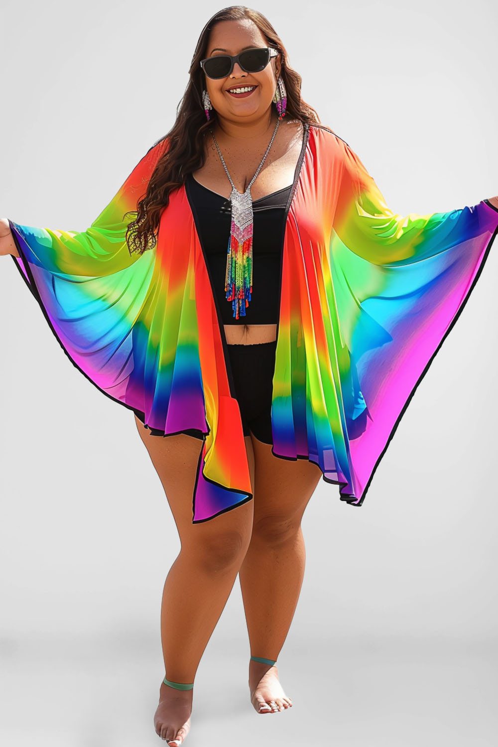 Flycurvy Plus Size Vacation Multicolor Rainbow Print Shawl Kimono Cover Up 2024 - Flycurvy 