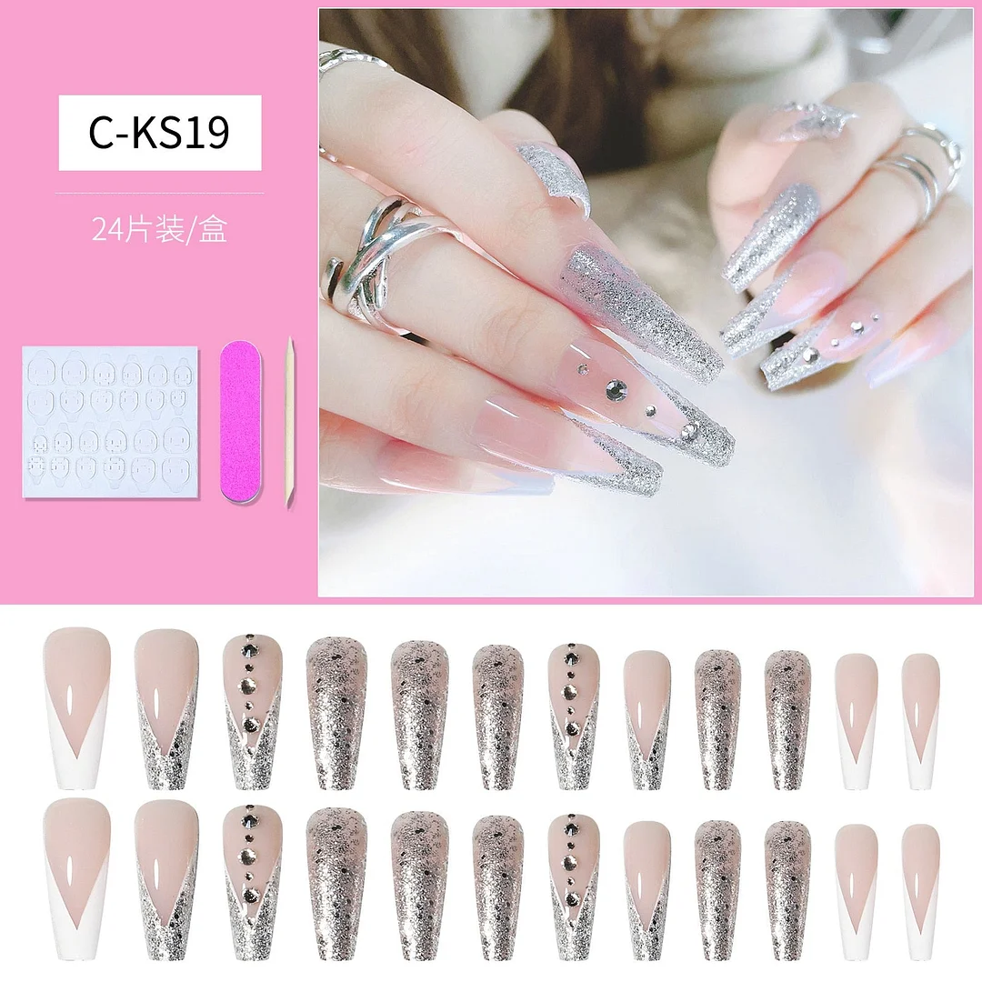 24pcs Detachable Extra Long Coffin False Nails Stick-on nails French Ballerina Fake Nails Full Cover Nail Tips Press On Nails