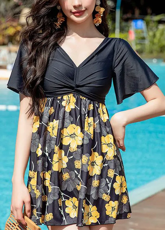 Yellow Print Wrinkled Slips Lingerie Set Swimwear
