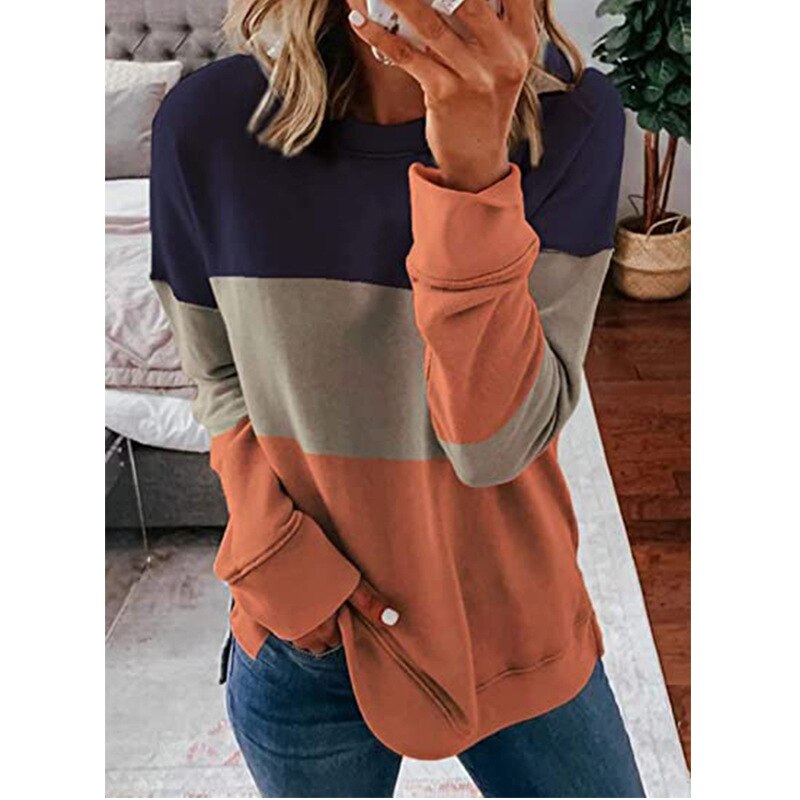 Loose Three Contrast Color Patchwork New Fashion Long Sleeve Pullover Tops