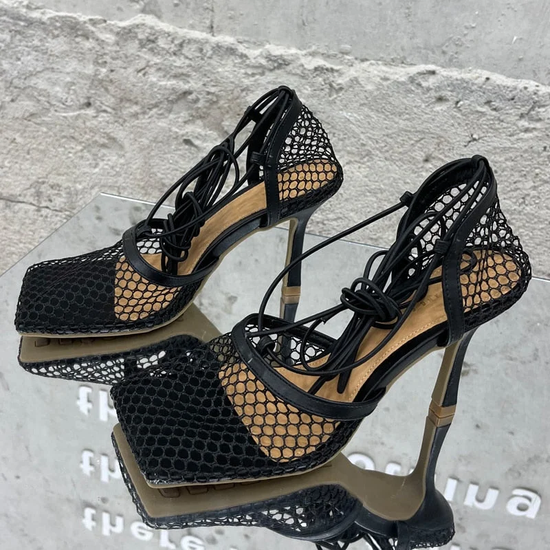 2021 Women Pumps Thin High Heels Sexy Sandals Shoes For Woman Fashion Square Toe Mesh Ankle Strap Pumps Sandals Ladies Shoes