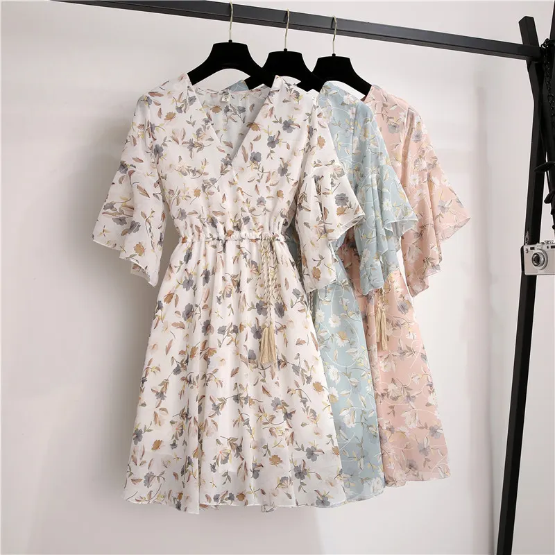 Spring Summer chiffon dress women knee length v-neck print sweet ruffle sleeeve slim new
