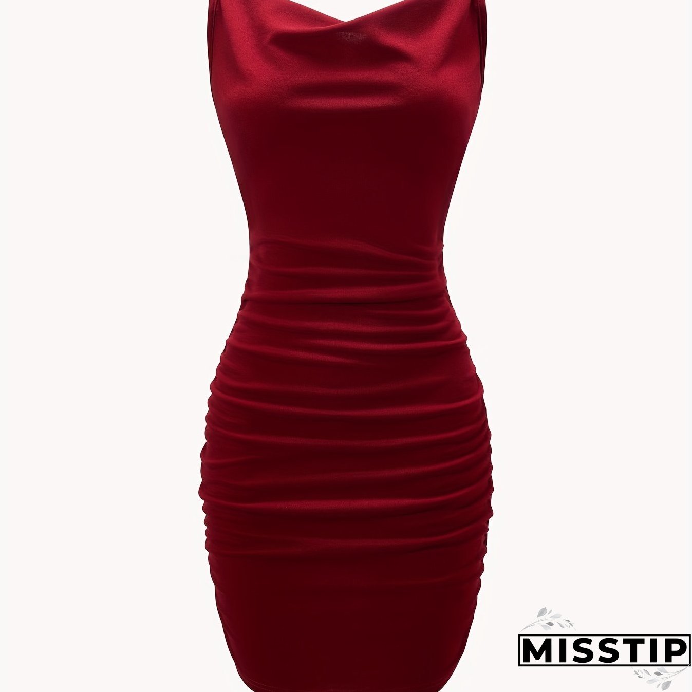 Solid Cowl Neck Mini Dress, Ruched Side Body Con Cami Dress , Women's Clothings