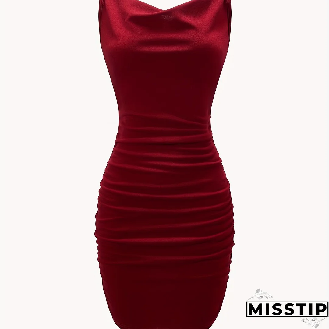 Solid Cowl Neck Mini Dress, Ruched Side Body Con Cami Dress , Women's Clothings