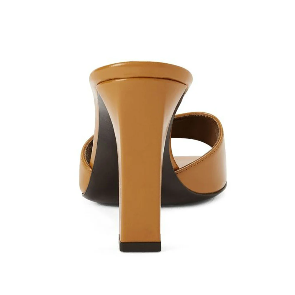 Women's Brown Open Square Toe Single Wide Strap High Heel Mules