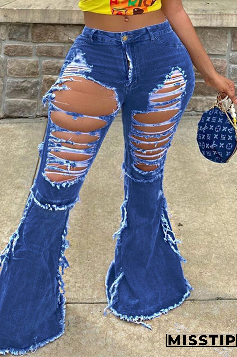 Blue Fashion Casual Solid Ripped Plus Size Jeans