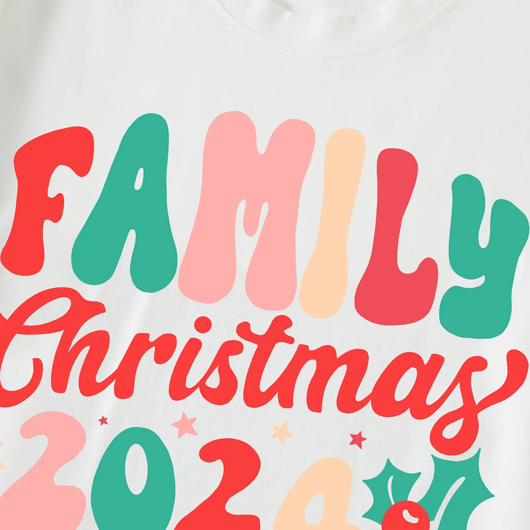 "Family Christmas 2024" Colorful Letter Pattern White Long Sleeve with White&Red&Green Plaid Pants Family Matching Pajamas