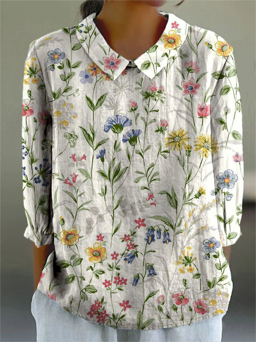Women's Vintage Floral Art Print Casual Cotton And Linen 3/4 Sleeve Shirt