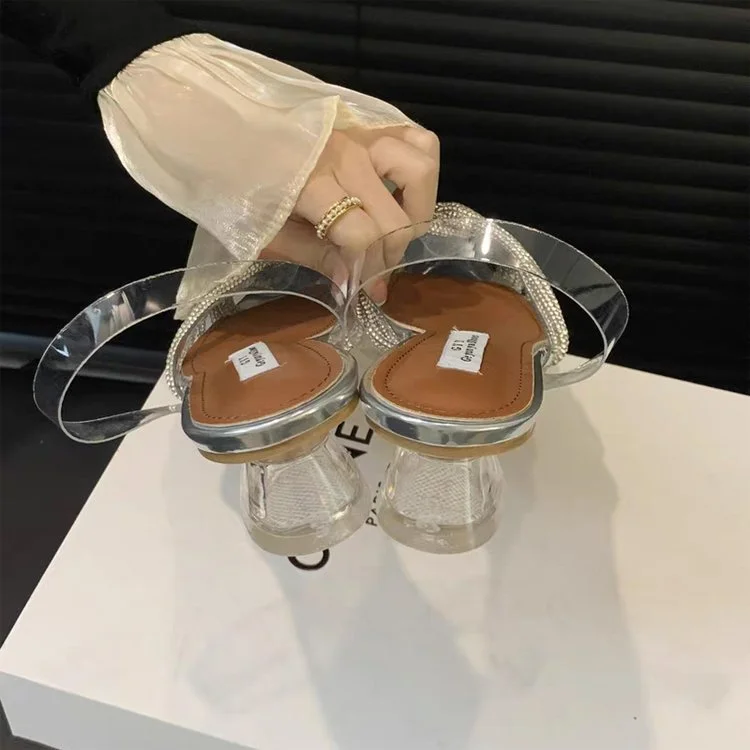 Wongn Wongn Summer New Korean Version Of Rhinestone Fine Belt Cross Crystal Shoes Pointed High Heel Sandals Fine Heel Women's Shoes Hot Style